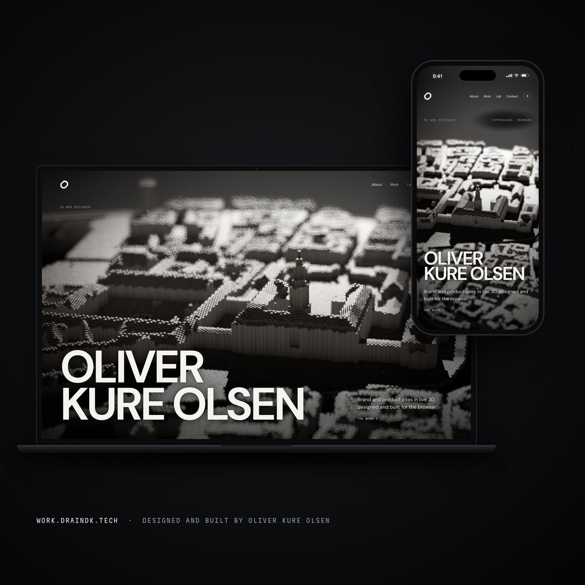 Oliver's portfolio, work.draindk.tech, on a laptop and a phone: Copenhagen in steel pins under his name
