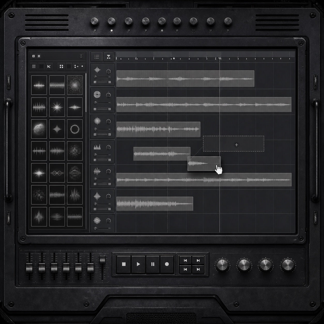 A fictional drag-and-drop audio production workflow visualization