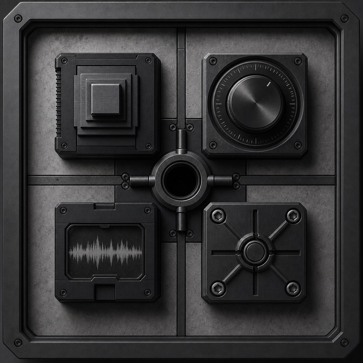 Technical audio format represented as a four-part industrial module