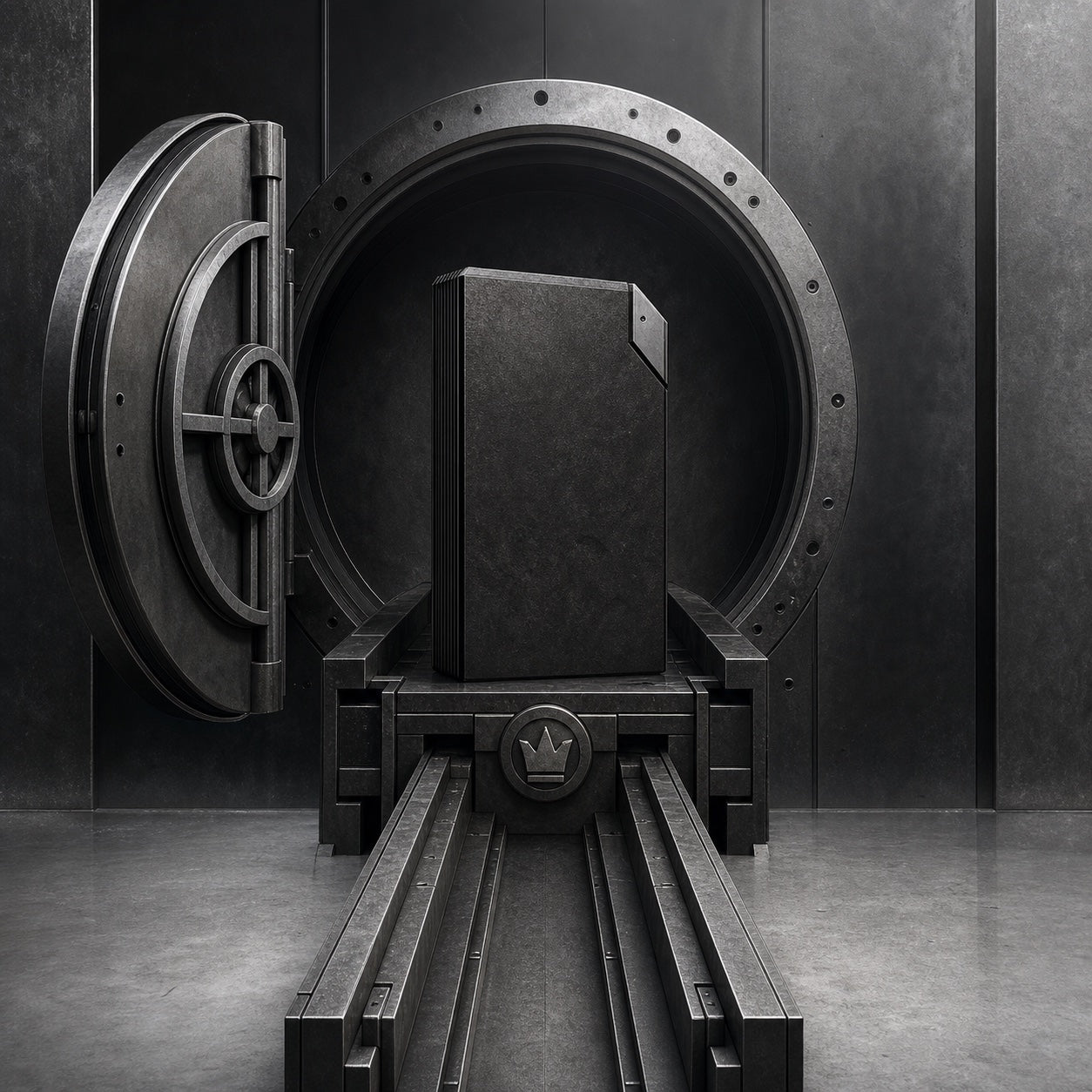 A permanent audio archive represented as a monolithic cartridge inside an industrial vault